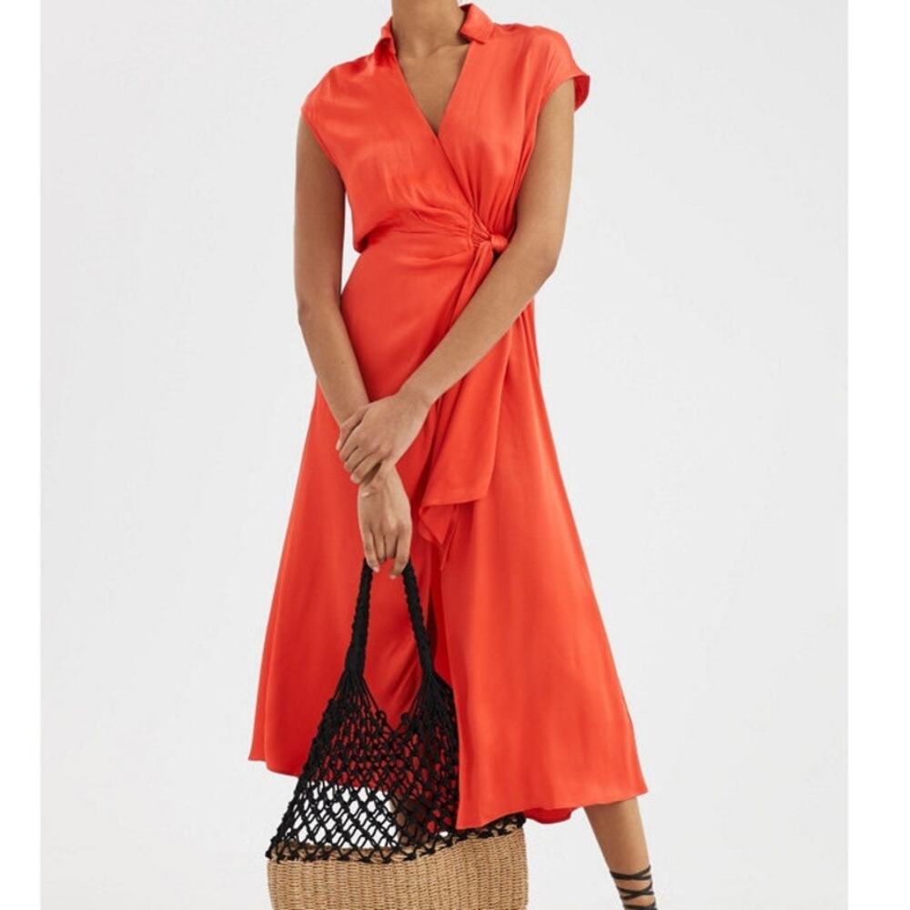 Anthropologie Maeve Open Back Wrap Midi Dress Size XS Orange Flowy Wedding Guest